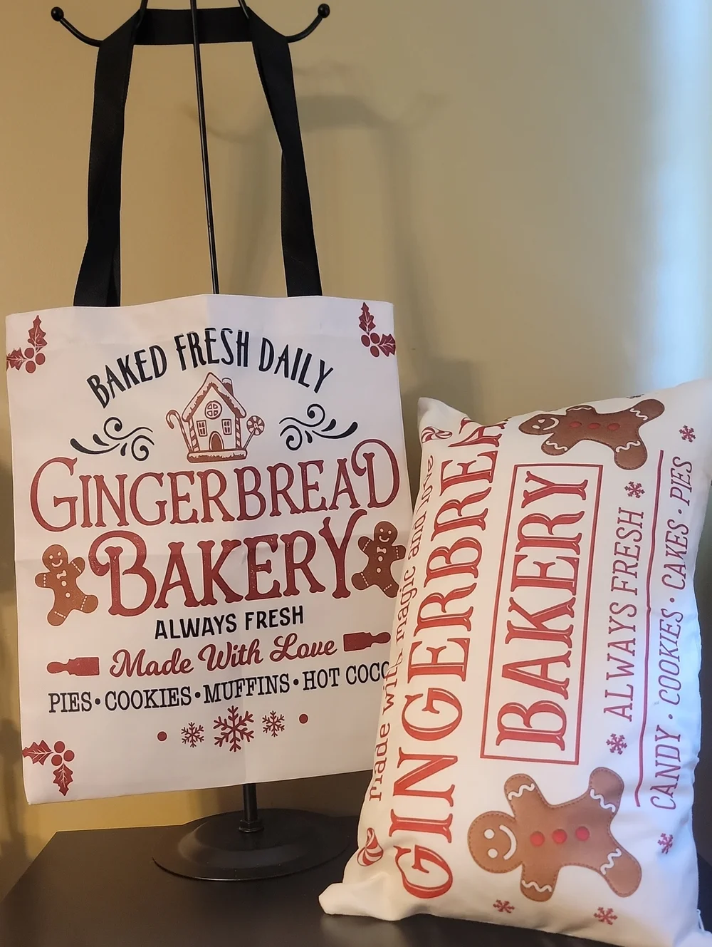 Gingerbread Bakery Holiday Tote and Pillow Set - White and Red